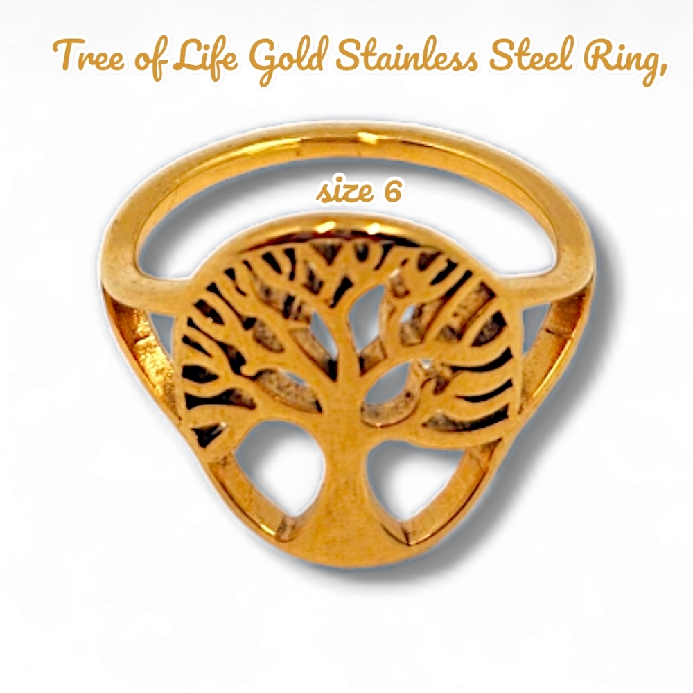 Tree of Life Gold Stainless Steel Ring, size 6